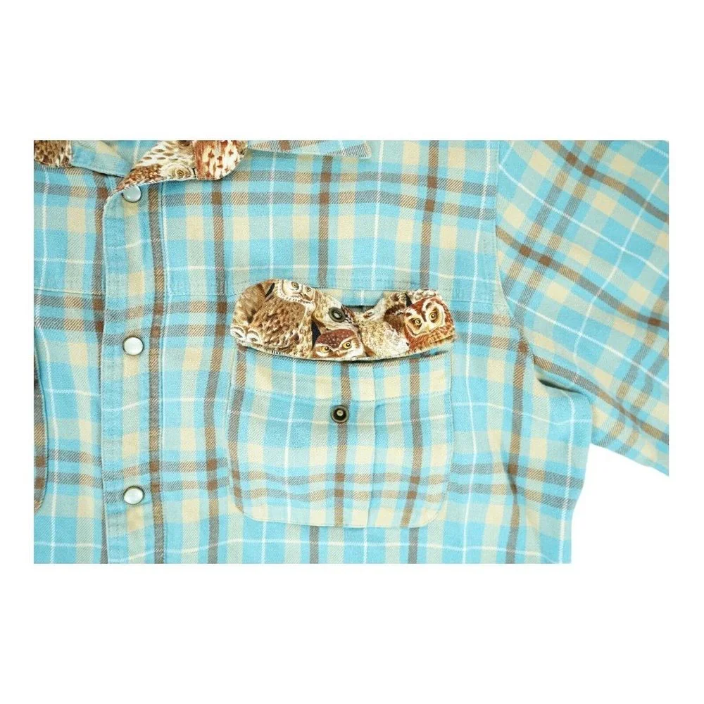 Cockpit USA Plaid Shirt Mens‎ Large L Blue Plaid Button Up Owl Print